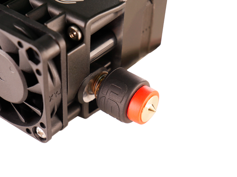 The nozzle and the quick nozzle change system on the Revo Hemera XS extruder